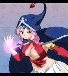 Rule 34 | 1girl, arm up, artist name, breasts, cleavage, cleavage cutout, fairy tail, gaston18, green eyes, highres, hood, large breasts, long hair, looking at viewer, meredy (fairy tail), midriff, pink hair, smile, solo