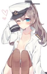 Rule 34 | 1girl, admiral (kancolle), admiral (kancolle) (cosplay), alternate costume, aqua eyes, blush, breasts, brown hair, brown thighhighs, cosplay, hair ornament, hat, highres, jacket, kantai collection, kumano (kancolle), kvlen, long hair, looking at viewer, no bra, one eye closed, open clothes, open jacket, ponytail, sleeves past wrists, small breasts, smile, solo, thighhighs