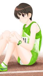 Rule 34 | 1girl, bad id, bad pixiv id, blush, brown eyes, brown hair, character request, copyright request, dedenden (pixiv30568724), from side, green footwear, green shirt, green shorts, hands on own knees, highres, panties, pantyshot, running track, safety pin, shirt, shoes, short hair, shorts, sitting, sneakers, socks, solo, tank top, track and field, track uniform, underwear, upshorts, watch, white panties, white socks