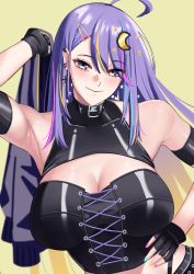 Rule 34 | 1girl, ahoge, arm up, armpits, blue nails, breasts, cleavage, earrings, fingerless gloves, gloves, hair ornament, hairclip, highres, hololive, hololive indonesia, jacket, jewelry, large breasts, long hair, looking at viewer, moona hoshinova, moona hoshinova (punk rock), multiple earrings, nail polish, neige (pixiv6850453), orange nails, pink nails, purple hair, simple background, smile, solo, unworn jacket, upper body, virtual youtuber