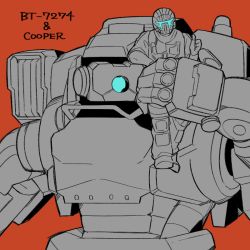 Rule 34 | 1boy, armor, artificial eye, artist request, assault visor, bad id, bad pixiv id, bt-7274, character name, clothes, cooper, gloves, helmet, holding, limited palette, male focus, mask, mecha, mechanical eye, pilot, red background, robot, simple background, thumbs up, titanfall (series), titanfall 2, vanguard, visor