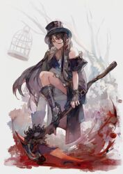 Rule 34 | 1other, ascot, asymmetrical gloves, asymmetrical sleeves, bare shoulders, birdcage, black hair, boots, cage, fingerless gloves, gloves, guilty gear, guilty gear strive, hat, highres, holding, holding scythe, kmkzkoyomi, long hair, looking at viewer, other focus, red eyes, scythe, solo, testament (guilty gear), top hat, tree, white ascot