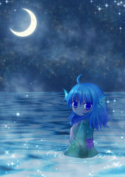Rule 34 | 1girl, absurdres, ahoge, bad id, bad pixiv id, blue eyes, blue hair, blush, crescent moon, fins, hand on own chest, head fins, highres, japanese clothes, kimono, lake, light smile, long sleeves, looking at viewer, luna 1025, matching hair/eyes, moon, night, obi, outdoors, partially submerged, ripples, sash, short hair, sky, solo, sparkle, star (sky), starry sky, touhou, wakasagihime