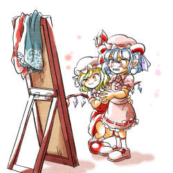 Rule 34 | 2girls, blonde hair, blue hair, blush, bow, unworn clothes, collared shirt, commentary, cosplay, crystal, curly hair, embarrassed, flandre scarlet, frilled skirt, frills, hat, horns, interlocked fingers, looking at mirror, mary janes, mirror, mob cap, multiple girls, pink footwear, pink headwear, pink shirt, pink skirt, pointy ears, puffy short sleeves, puffy sleeves, red bow, red eyes, red footwear, red horns, red ribbon, red skirt, red vest, remilia scarlet, remilia scarlet (cosplay), ribbon, rochika gekijou, sharp teeth, sheep horns, shirt, shoes, short hair, short sleeves, siblings, sisters, skirt, skirt set, smile, squinting, teeth, touhou, toutetsu yuuma, vest, white background, white shirt, wings