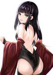 Rule 34 | 1girl, :d, alumina (kennmeidesu), ass, backless outfit, bad id, bad pixiv id, black hair, black leotard, black thighhighs, blunt bangs, breasts, bridal gauntlets, choker, cowboy shot, detached sleeves, from behind, green eyes, hair ornament, highres, kurosawa dia, leotard, long hair, long sleeves, looking at viewer, love live!, love live! sunshine!!, medium breasts, mole, mole under mouth, open mouth, red sleeves, shoulder blades, sideboob, simple background, smile, solo, standing, striped clothes, striped leotard, thighhighs, white background, wide sleeves