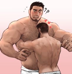 Rule 34 | 2boys, ?, ??, abs, bara, beard, between pectorals, black hair, blush, body hair, dopey (dopq), facial hair, highres, large pectorals, looking at another, male focus, manly, multiple boys, muscular, nipples, original, pectorals, simple background, size difference, smile, topless male, upper body, yaoi