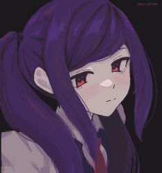 Rule 34 | 1girl, ayu mu00, black background, blush, closed mouth, commentary, english commentary, jill stingray, long hair, looking at viewer, portrait, purple hair, red eyes, sidelocks, simple background, solo, twintails, twitter username, va-11 hall-a