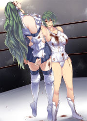 Rule 34 | 2girls, adapted costume, alternate costume, asphyxiation, blood, blood on clothes, blood on face, blue skirt, boots, breasts, cleavage, collarbone, collared shirt, detached sleeves, duplicate, full body, green eyes, green hair, grey background, grin, hair ornament, hair tubes, highres, holding, injury, kazami yuuka, knee pads, kochiya sanae, large breasts, long hair, midriff, miniskirt, multiple girls, muscular, muscular female, neck lift, one-piece swimsuit, red eyes, rope, ryona, saliva, school swimsuit, shadow, shirt, short hair, skirt, sleeveless, sleeveless shirt, smile, stadium, strangling, sweat, swimsuit, tobisawa, touhou, white footwear, white one-piece swimsuit, white school swimsuit, white shirt, wide sleeves, wrestling, wrestling outfit, wrestling ring