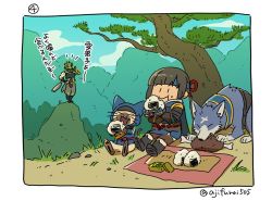 Rule 34 | :t, arzuros (armor), asaya minoru, black footwear, black hair, black pants, blue headband, blue scarf, boned meat, boots, canyne, cat, closed eyes, closed mouth, dragon mask, eating, fang, felyne, food, hand on own hip, headband, holding, holding food, kamura (armor), master utsushi, meat, monster hunter (series), monster hunter rise, on ground, onigiri, open mouth, pants, scarf, shoe soles, sitting, standing, translation request, tree, twitter username, wolf