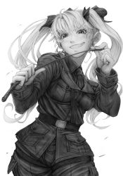 Rule 34 | 10s, 1girl, anchovy (girls und panzer), belt, commentary request, dress shirt, eyebrows, fatigues, girls und panzer, greyscale, grin, hair between eyes, hair ribbon, holding, imizu (nitro unknown), jacket, long hair, long sleeves, looking at viewer, military, military uniform, monochrome, necktie, pants, pocket, ribbon, riding crop, shirt, smile, solo, standing, twintails, uniform
