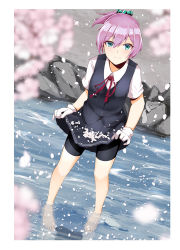 Rule 34 | 10s, 1girl, barefoot, bike shorts, black skirt, black vest, blouse, blue eyes, breast pocket, cherry blossoms, dutch angle, full body, gloves, hair between eyes, hair ornament, highres, ichifuji nitaka (phase nine), kantai collection, lifting own clothes, looking at viewer, neck ribbon, outdoors, pink hair, pleated skirt, pocket, ponytail, red ribbon, ribbon, rock, school uniform, shiranui (kancolle), shirt, short hair, short sleeves, shorts, shorts under skirt, skirt, skirt basket, soaking feet, solo, standing, standing on liquid, vest, wading, water, white gloves, white shirt