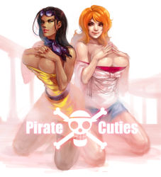 Rule 34 | 2girls, bare shoulders, belt, black hair, blue eyes, breast press, breasts, brown eyes, denim, denim shorts, highres, kneeling, large breasts, legs, lips, long hair, looking at viewer, multiple girls, nami (one piece), nico robin, one piece, open clothes, orange hair, scarf, scarlet desires, scarletdesires, short shorts, shorts, skirt, skull and crossbones, text focus, thighs, tongue, tongue out