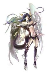 Rule 34 | 1girl, arc system works, asymmetrical wings, bad id, bad pixiv id, bare shoulders, blue hair, boots, choker, detached sleeves, dizzy (guilty gear), guilty gear, navel, necro (guilty gear), red eyes, ribbon, tachi, tachi (kurogane13z), tail, tail ornament, tail ribbon, thighhighs, undine (guilty gear), wings