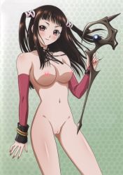 Rule 34 | 00s, 1girl, black hair, blush, breasts, bridal gauntlets, choker, female focus, groin, holding, large breasts, legs, long hair, looking at viewer, nail polish, navel, nipples, nude, nude filter, pussy, red eyes, rosario+vampire, shiny skin, smile, solo, staff, standing, thighs, third-party edit, toujou ruby, uncensored, witch