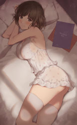 Rule 34 | 1girl, ass, bare arms, bare shoulders, bed, blush, breasts, brown eyes, brown hair, closed mouth, commentary request, from above, highres, large breasts, looking at viewer, lying, nightgown, nijisanji, on bed, on side, pillow, serizawa (serizawaroom), short hair, sleeveless, smile, solo, suzuka utako, thighhighs, virtual youtuber, white thighhighs
