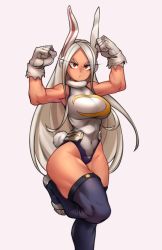 Rule 34 | 1girl, absurdres, animal ears, bare shoulders, boku no hero academia, boots, breasts, closed mouth, covered navel, cowboy shot, dark-skinned female, dark skin, eyelashes, female focus, gloves, grey background, highres, kelvin hiu, large breasts, leotard, long hair, looking at viewer, mirko, rabbit ears, red eyes, silver hair, simple background, sleeveless, solo, thigh boots, thighhighs