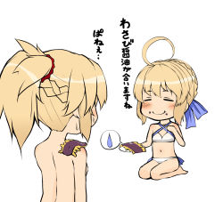 Rule 34 | 2girls, ahoge, artoria pendragon (fate), artoria pendragon (swimsuit archer) (fate), blonde hair, blush, braid, breasts, chibi, closed mouth, eating, fate/apocrypha, fate/grand order, fate (series), french braid, full body, highres, kitsunerider, mordred (fate), mordred (fate/apocrypha), mother and daughter, multiple girls, ponytail, seiza, simple background, sitting, small breasts, smile, spoken sweatdrop, sweatdrop, topless, translation request, white background, x navel