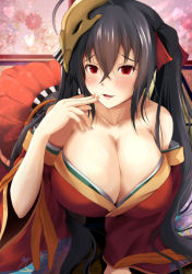 Rule 34 | 1girl, azur lane, bad id, bad pixiv id, bare shoulders, black hair, blush, breasts, cleavage, collarbone, dress, fingernails, fingers to mouth, hair between eyes, hair ornament, hair ribbon, huge breasts, japanese clothes, kanzaki kureha, long hair, looking at viewer, parted lips, red dress, red eyes, red ribbon, ribbon, smile, solo, taihou (azur lane), twintails, wide sleeves