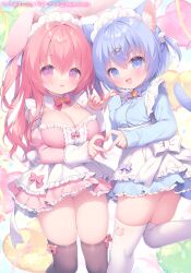 Rule 34 | 2girls, :d, animal ear fluff, animal ears, apron, balloon, bell, blue eyes, blue hair, blue jacket, blue skirt, blush, bow, breasts, brown thighhighs, cat ears, cat girl, cat tail, cleavage, commentary request, detached sleeves, dress, fang, feet out of frame, fish hair ornament, frilled apron, frilled skirt, frills, hair ornament, heart, heart balloon, heart hands, heart hands duo, jacket, jingle bell, juliet sleeves, large breasts, long hair, long sleeves, looking at viewer, multiple girls, neck bell, onka, open mouth, original, pink bow, pink dress, pink hair, pleated skirt, puffy sleeves, purple bow, purple eyes, rabbit ears, sakura (usashiro mani), skirt, sleeves past wrists, smile, standing, standing on one leg, tail, thighhighs, track jacket, two side up, usashiro mani, v-shaped eyebrows, very long hair, white apron, white thighhighs