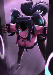 Rule 34 | 1girl, animal ears, bare shoulders, belt bra, bent over, bone necklace, boots, breasts, cerberus (kemono friends), dog ears, elbow gloves, extra ears, fingernails, gloves, glowing, glowing eyes, glowing hair, green eyes, hair between eyes, highres, jack-o&#039;-lantern (kemono friends), jewelry, kawanami eito, kemono friends, large breasts, pantyhose under shorts, lizard tail, long hair, looking at viewer, nail polish, open mouth, pantyhose, pendant, purple hair, scar, scar across eye, scar on face, shorts, sidelocks, smile, solo, spikes, standing, tail, two side up