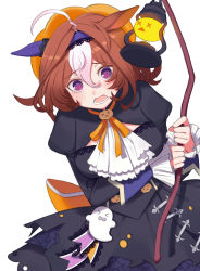 Rule 34 | 1girl, @ @, absurdres, ahoge, animal ears, ascot, beret, black dress, brown hair, commentary, dress, ear covers, frilled sleeves, frills, frown, ghost ornament, hairband, halloween, halloween costume, hat, highres, holding, holding staff, horse ears, horse girl, jack-o&#039;-lantern ornament, juliet sleeves, lantern, long sleeves, looking at viewer, medium dress, medium hair, meisho doto (dot-o&#039;-lantern) (umamusume), meisho doto (umamusume), multicolored hair, neck ribbon, official alternate costume, open mouth, orange headwear, orange ribbon, puffy sleeves, purple eyes, purple hairband, ribbon, scared, simple background, single ear cover, solo, staff, standing, tearing up, two-tone hair, umamusume, white ascot, white background, white hair, yamada nagi