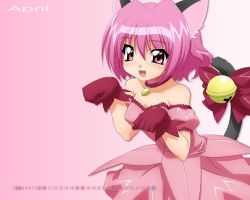 Rule 34 | 00s, 1girl, animal ears, april, arm garter, bare shoulders, bell, blush, bow, breasts, calendar, cat ears, cat tail, choker, collarbone, covered erect nipples, dress, fang, gloves, gradient background, jewelry, jingle bell, looking at viewer, magical girl, mew ichigo, momomiya ichigo, nipples, open mouth, paw pose, pink dress, pink eyes, pink hair, red gloves, short hair, simple background, small breasts, smile, solo, sugimura tomokazu, tail, tail bell, tail bow, tail ornament, tokyo mew mew, wallpaper