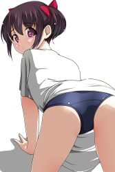 Rule 34 | 1girl, all fours, black hair, cowboy shot, from behind, highres, looking back, matsunaga kouyou, one-piece swimsuit, original, red eyes, school swimsuit, shirt, short hair, simple background, solo, swimsuit, t-shirt