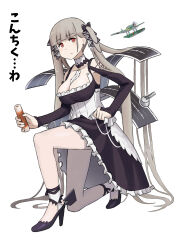 Rule 34 | 1girl, absurdres, azur lane, black dress, breasts, cleavage, commission, detached sleeves, dress, flight deck, formidable (azur lane), frilled dress, frills, gothic lolita, high heels, highres, kantai collection, kitakami (kancolle), large breasts, light brown hair, lolita fashion, long hair, looking at viewer, maid, misumi (niku-kyu), pixiv commission, red eyes, rudder footwear, seaplane, shibafu (glock23) (style), simple background, solo, twintails, two-tone dress, very long hair, white background