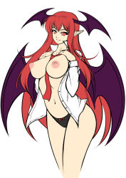 Rule 34 | 1girl, alternate costume, arched back, between breasts, black panties, bow, bow panties, breasts, collared shirt, colored eyelashes, demon wings, hair between eyes, hands on own chest, hip focus, koakuma, large breasts, long hair, long sleeves, loose necktie, mazume, navel, neck, necktie, necktie between breasts, nipples, open clothes, open shirt, outline, panties, perky breasts, puffy nipples, red eyes, red hair, red necktie, shirt, sidelocks, simple background, solo, stomach, thighs, touhou, underwear, unfinished, very long hair, white background, wings