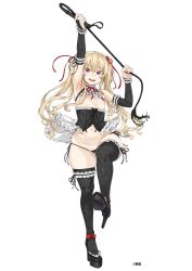 Rule 34 | 1girl, arm up, armpits, asanagi, black footwear, black panties, black thighhighs, blonde hair, breasts, bridal gauntlets, colored eyelashes, copyright notice, corset, detached sleeves, fangs, flat chest, foreshortening, frilled thighhighs, frills, full body, hair ribbon, high heels, highres, holding, holding whip, kurone (asanagi), leg lift, long hair, nail polish, navel, nipples, open mouth, original, panties, photoshop (medium), red eyes, ribbon, side-tie panties, simple background, skindentation, solo, standing, thick thighs, thighhighs, thighs, twintails, underwear, whip, white background, wide hips