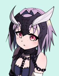 Rule 34 | 1girl, :o, alternate eye color, alternate hair color, antennae, arthropod girl, bare shoulders, blue background, blush, chain, commentary request, cowfee, fate/grand order, fate (series), gorget, hair intakes, headpiece, highres, insect girl, jeanne d&#039;arc (fate), jeanne d&#039;arc alter (avenger) (fate), jeanne d&#039;arc alter (fate), moth girl, original, parted lips, pink eyes, purple hair, simple background, solo, upper body
