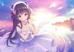 Rule 34 | 1girl, blue sky, blush, breasts, brown eyes, butterfly hair ornament, circle skirt, closed mouth, cloud, commentary request, dress, flower, gloves, hair ornament, hair rings, hands up, highres, holding, holding flower, long hair, medium breasts, nanohana kohina, off-shoulder dress, off shoulder, original, outdoors, petals, pink flower, pink rose, puffy short sleeves, puffy sleeves, purple eyes, ripples, rose, see-through, see-through sleeves, short sleeves, sky, smile, solo, sunset, very long hair, water, white dress, white gloves