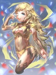 1girl blonde_hair blue_eyes bodystocking breasts bridal_gauntlets fire_emblem fire_emblem_fates highres long_hair looking_at_viewer medium_breasts midriff nintendo one_eye_closed open_mouth ophelia_(fire_emblem) outstretched_arm thighhighs turtleneck upper_body youhei_choregi