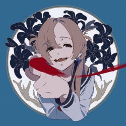 Rule 34 | 1girl, bad id, bad twitter id, braid, floral background, flower, glasgow smile, grin, kamo kamen, looking at viewer, pointing, scar, scar on face, school uniform, smile, solo, stitched face, stitches, upper body, urasekai picnic, urumi luna