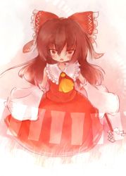 Rule 34 | &gt;:o, 1girl, :o, blush, bow, brown hair, detached sleeves, dress, female focus, gradient background, grass, hair bow, hair ribbon, hakurei reimu, highres, japanese clothes, komaruri, miko, open mouth, red eyes, ribbon, solo, touhou, v-shaped eyebrows