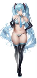 ahoge bikini black_footwear black_gloves blue_eyes blue_hair blue_necktie blush body_markings boots breasts collarbone detached_collar elbow_gloves full_body gloves gluteal_fold hair_between_eyes hand_on_own_hip hand_up hatsune_miku head_tilt highres long_hair looking_at_viewer meme_attire miku_collar_bikini navel necktie nine_(kanine41) parted_lips revision small_breasts striped_bikini striped_clothes swimsuit thigh_boots twintails very_long_hair vocaloid white_background