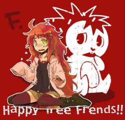 Rule 34 | 1girl, boots, clips, flaky (happy tree friends), hair ornament, hairclip, happy tree friends, jacket, jpeg artifacts, long hair, messy hair, negura (yamadori), personification, porcupine, red hair, red theme, resized, sitting, sleeves past wrists, solo, tears, thighhighs, typo, wariza, yellow eyes