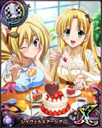 Rule 34 | 2girls, ahoge, asia argento, bishop (chess), blonde hair, blue eyes, blush, breasts, cake, candy, card (medium), chess piece, chocolate, chocolate heart, color connection, cup, female focus, food, fork, frilled shirt, frills, fruit, green eyes, hairband, heart, high school dxd, holding, holding fork, holding spoon, large breasts, long hair, looking at viewer, multiple girls, official art, one eye closed, open mouth, plate, ravel phenex, shirt, smile, spoon, strawberry, table, teacup, trait connection, wink