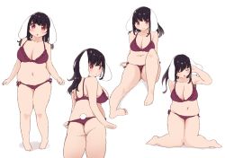 Rule 34 | 1girl, animal ears, arm behind back, arm support, arm up, arms at sides, bikini, black hair, blush, breasts, cleavage, closed eyes, closed mouth, collarbone, commentary request, frills, from behind, full body, large breasts, long hair, looking away, muffin top, multiple views, munimuni kinoko, navel, no nose, original, plump, rabbit ears, rabbit tail, red eyes, shadow, side-tie bikini bottom, sidelocks, simple background, sitting, standing, swimsuit, tail, tareme, white background