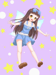 Rule 34 | 1girl, blue dress, bow, brown eyes, brown hair, commentary request, dress, fairy, fairy wings, flying, full body, hair bow, highres, legs, long hair, open mouth, outstretched arms, p.w., ribbon, short dress, smile, solo, star sapphire, touhou, wings