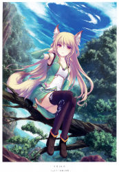 Rule 34 | 1girl, absurdres, animal ears, armpits, black footwear, black thighhighs, blonde hair, bridal gauntlets, collarbone, day, eyebrows, green skirt, hand in own hair, highres, huge filesize, long hair, looking at viewer, original, outdoors, red eyes, ribbon, shoes, sitting, skirt, solo, tenmaso, thighhighs, tree, white ribbon