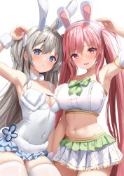 Rule 34 | 2girls, animal ears, armpits, azur lane, blue eyes, blush, bow, bowtie, breasts, brown hair, covered navel, detached sleeves, emanuele pessagno (azur lane), emanuele pessagno (backstage blunders) (azur lane), fake animal ears, flower, frills, hair between eyes, hair flower, hair ornament, headset, highres, large breasts, leotard, long hair, looking at viewer, manda (manda9n), medium breasts, multiple girls, navel, official alternate costume, open mouth, pink eyes, pink hair, playboy bunny, puffy detached sleeves, puffy sleeves, rabbit ears, skirt, thighhighs, thighs, twintails, two side up, umikaze (azur lane), umikaze (soft and fluffy therapy) (azur lane), very long hair, white leotard, white thighhighs