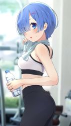 Rule 34 | 1girl, absurdres, ass, blue eyes, blue hair, blush, bottle, breasts, camui1104, from side, hair ornament, hair over one eye, hairclip, has bad revision, has cropped revision, highres, looking at viewer, medium breasts, midriff, open mouth, re:zero kara hajimeru isekai seikatsu, rem (re:zero), short hair, solo, sports bra, sportswear, sweat, towel, water bottle