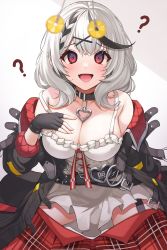 Rule 34 | 1girl, ?, @ @, absurdres, armpit crease, belt, black coat, black gloves, blurry, blurry foreground, blush, braid, breast suppress, breasts, camisole, cleavage, coat, coin, collar, ear piercing, fang, fingerless gloves, frilled shirt, frills, garter straps, gloves, grey hair, hair ornament, highres, holed coin, hololive, hypnosis, long hair, looking at viewer, medium breasts, mind control, multicolored hair, off shoulder, open clothes, open coat, open mouth, piercing, pipipipyu, plaid, plaid skirt, red eyes, red skirt, sakamata chloe, shirt, sidelocks, skirt, solo, strap slip, streaked hair, virtual youtuber, white shirt, x hair ornament