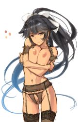 Rule 34 | 1girl, armband, azur lane, black garter belt, black hair, breasts, breasts squeezed together, brown eyes, closed mouth, color guide, commentary request, contrapposto, crotchless, crotchless panties, female pubic hair, garter belt, hair flaps, hair ribbon, highres, large breasts, long hair, navel, nipples, nude, panties, ponytail, pubic hair, pussy, ribbon, self hug, simple background, sketch, solo, standing, takao (azur lane), thighhighs, underwear, very long hair, wa (genryusui), white background, white ribbon