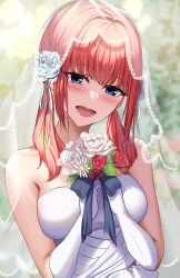 Rule 34 | 1girl, :d, absurdres, alternate costume, alternate hairstyle, bare shoulders, black ribbon, blue eyes, blurry, blurry background, blush, bouquet, breasts, bridal veil, commentary request, dress, eyelashes, eyes visible through hair, flower, gloves, go-toubun no hanayome, hair between eyes, hair flower, hair ornament, hair ribbon, hands up, happy, head tilt, highres, holding, holding bouquet, kukeylove, large breasts, looking at viewer, low twintails, medium hair, nakano nino, open mouth, red flower, red hair, red rose, ribbon, rose, smile, solo, strapless, strapless dress, twintails, upper body, veil, wedding, wedding dress, white dress, white flower, white gloves, white ribbon, white rose