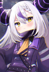 Rule 34 | 1girl, ascot, blush, braid, chromatic aberration, closed mouth, collar, commentary request, eyes visible through hair, hair between eyes, highres, hololive, holox, horns, jacket, la+ darknesss, la+ darknesss (1st costume), long hair, long sleeves, looking at viewer, multicolored hair, purple collar, purple eyes, purple jacket, shinomiya shino (sinosino141), silver hair, solo, streaked hair, upper body, v-shaped eyebrows, virtual youtuber, yellow ascot, yellow eyes