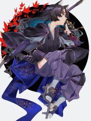 Rule 34 | absurdres, animal ear fluff, animal ears, arknights, armor, black footwear, black hair, black kimono, blue hair, braid, colored inner hair, dog ears, dog girl, elbow gloves, faulds, fingerless gloves, forehead, full body, geta, gloves, highres, hip vent, holding, holding weapon, japanese clothes, kimono, kirschma, knee pads, long hair, looking away, multicolored hair, pants, parted lips, profile, puffy pants, purple gloves, purple pants, red eyes, saga (arknights), side braid, single braid, solo, tabi, tasuki, two-tone background, two-tone hair, v-shaped eyebrows, weapon