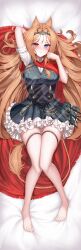 Rule 34 | 1girl, :&lt;, absurdres, animal ears, archetto (arknights), arknights, arm up, bare legs, barefoot, bed sheet, black dress, blue eyes, blush, breasts, brown hair, cape, closed mouth, corset, dress, epaulettes, feet, full body, gluteal fold, heterochromia, highres, large breasts, lilac (k32420276), long hair, looking at viewer, lying, nose blush, on back, on bed, panties, pantyshot, red cape, red eyes, shirt, short sleeves, solo, tail, thigh gap, thigh strap, tiara, toes, underwear, upskirt, very long hair, white panties, white shirt