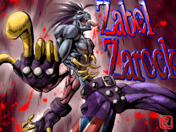 Rule 34 | 1boy, blue skin, bone, capcom, character name, colored skin, extra mouth, fingerless gloves, gloves, glowing, glowing eyes, long tongue, male focus, nikuji-kun, purple hair, red eyes, solo, spiked hair, tongue, tongue out, vampire (game), zabel zarock, zombie
